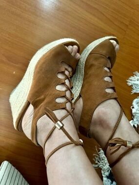 Report Tan Suede Lace-Up Espadrille Wedge Sandals